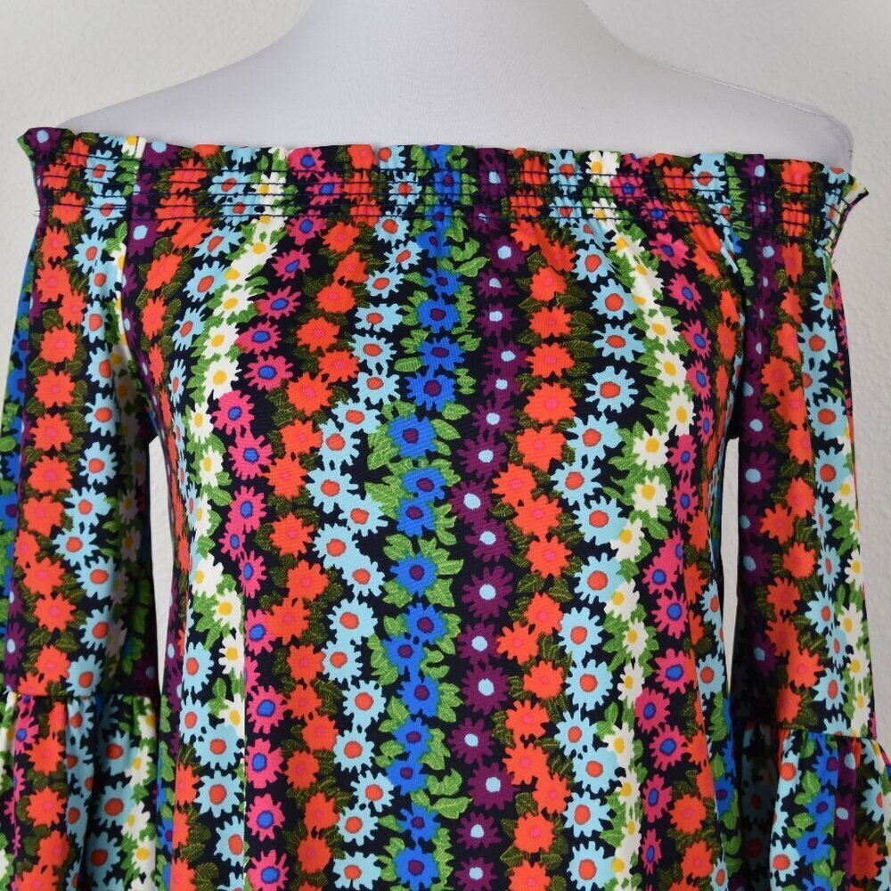 Trina Turk Floral Off Shoulder Print Bell Sleeve Dress - XS - Picture 2 of 8